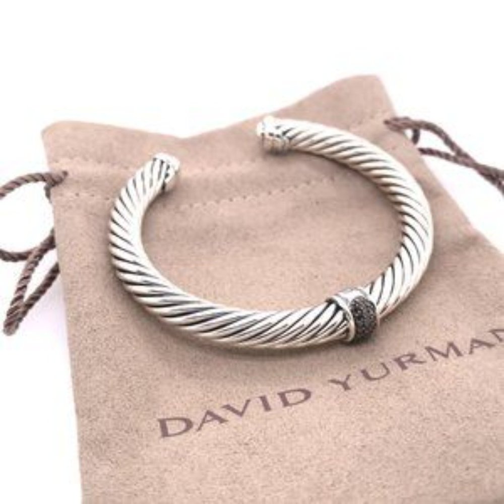 David Yurman Men's 7mm Cable Classic Bangle with Black Diamonds Bracelet - Picture 4 of 5
